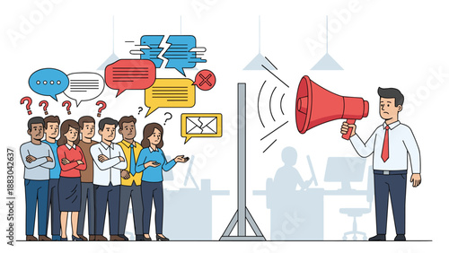 Compelling illustration depicting a communication breakdown in the workplace, with a manager using a megaphone to address a confused group of employees, symbolizing miscommunication and frustration.
