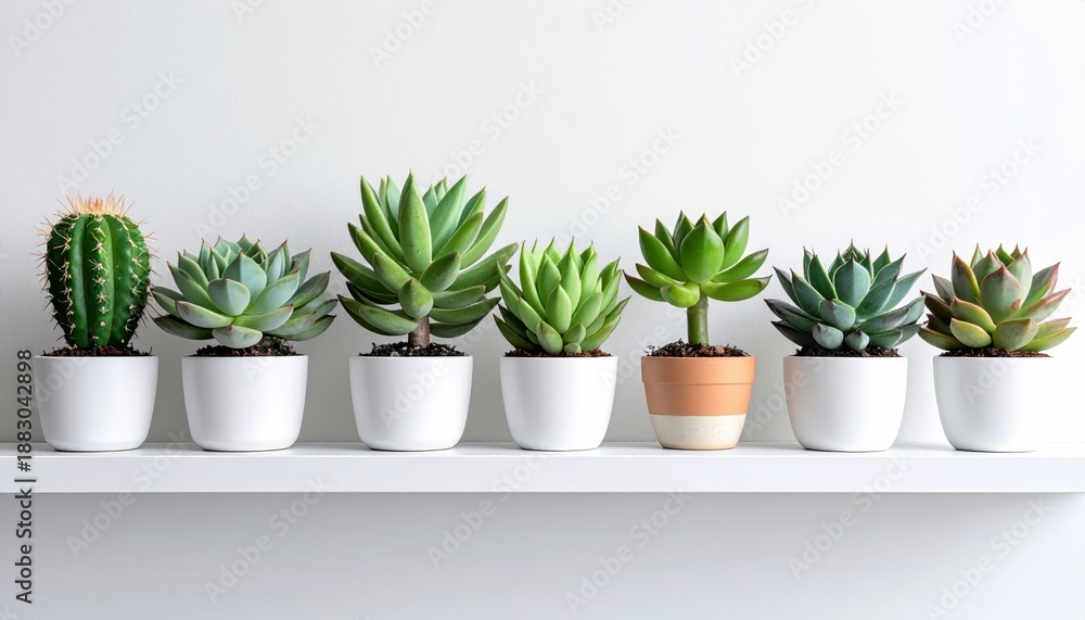 Fototapeta premium Potted Succulents on a White Shelf in Minimalist Arrangement