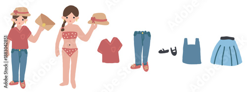 Pale yellow girls elastic waist gathered skirt. Fashion clothes set. Cute accessory for A line drawn illustration of an off the shoulder long sleeved dress. Vector illustration.