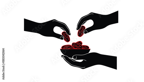 Hands exchanging red pills in minimalist silhouette style with bold black and red colors on white background for healthcare