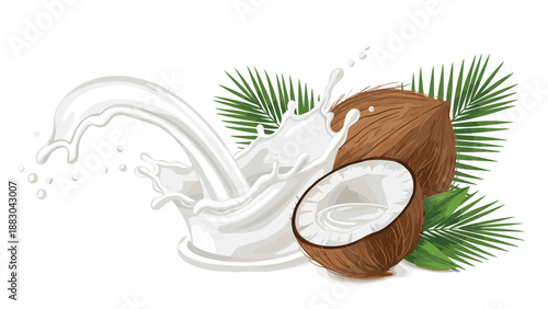 Dynamic illustration capturing a vibrant splash of creamy coconut milk cascading around a whole coconut and a split coconut, adorned with fresh green palm leaves, symbolizing tropical freshness.