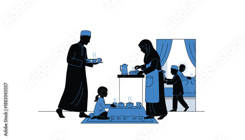 Family in traditional clothing having tea together in warm cozy lighting on blue background for cultural heritage
