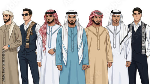 Diverse collection of six Arab men, showcasing a blend of traditional attire like thobes and ghutras, alongside modern stylish suits, representing cultural heritage and contemporary fashion.