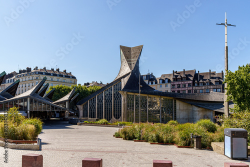 Catholic Church of Saint Jeanne d Arc in Rouen, France. The weather is sunny and the sky is bright and blue