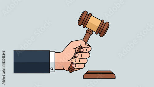 Powerful illustration of a hand firmly grasping a judge's gavel, poised over its sound block, symbolizing authority, justice, and the finality of legal decisions in a court of law.