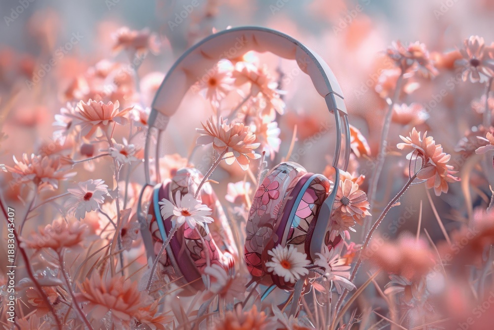 Fototapeta premium Pink headphones with floral design resting in a field of pink and white flowers, evoking a sense of tranquility and music in nature