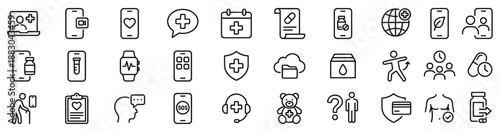 Digital healthcare icon set featuring telemedicine, medical apps, online consultation, and health monitoring symbols in outline style