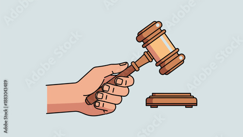 Distinctive illustration of a hand confidently wielding a judge's gavel, positioned above its wooden sound block, symbolizing justice, authority, and decisive legal action.