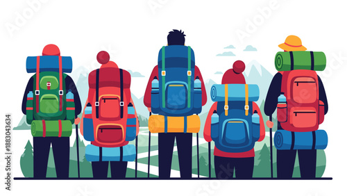 Inspiring illustration of five hikers, seen from behind, equipped with colorful backpacks and walking sticks, embarking on an adventurous trek towards distant mountains, symbolizing exploration.