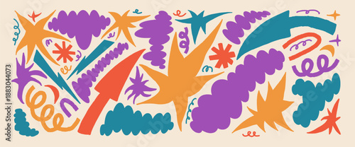 Colorful geometric and organic figures. Playful Y2K paper collage with stars, arrows, clouds, and doodles. Perfect for funky graphic projects and illustration. Vector hand drawn set isolated on beige.