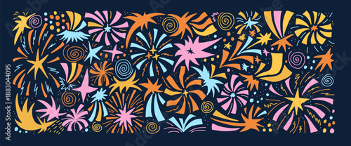 Playful simple celebration stars elements with colorful sparkles, confetti bursts. Silhouette festive patterns create a whimsical party atmosphere in vibrant tones. Vector night magic space no bg.