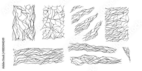 Black hand drawn kintsugi lines delicate cracks set. Broken ceramic texture emphasis decor elements with hobby repair technique. Vector elegant handmade patterns by Japanese pottery art tradition.