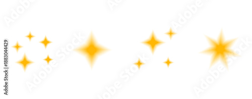 Yellow blur stars shapes. Blinks with gradient gold set. Y2k aesthetic sparkling gradation effects. Vector translucent starry set isolated. Soft transition glint spark icons. Smooth blings collection
