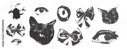 Woman eyes, bows, flowers, cat photocopy dada vintage collage set. Ribbon, domestic animal head, eyes halftone dadaism effect. Dotted stippling grunge elements. Vector y2k gritty retro shape isolated.