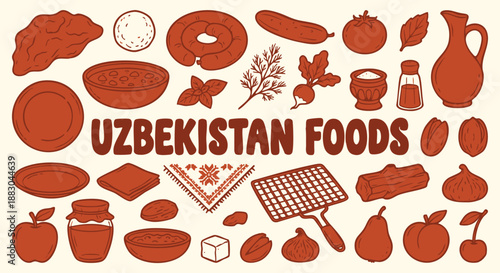Uzbekistan food icons set with hand drawn sausage, vegetables and fruits in a simple orange doodle style. A vector collection for a restaurant menu, travel guide and Central Asian branding.