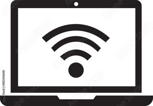 Modern laptop computer showing strong wireless internet connection symbol on its screen
