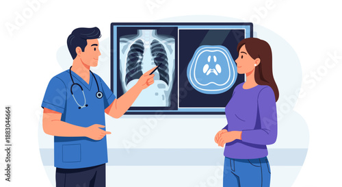 Doctor explaining MRI results to patient in clinic for educational health materials and awareness campaigns