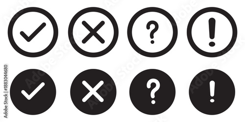 Green check and red cross symbols, blue question mark and yellow exclamation point, round thin line vector signs, solid circle icons set stock illustration
Check Mark, Icon Symbol, Crossing, Examining