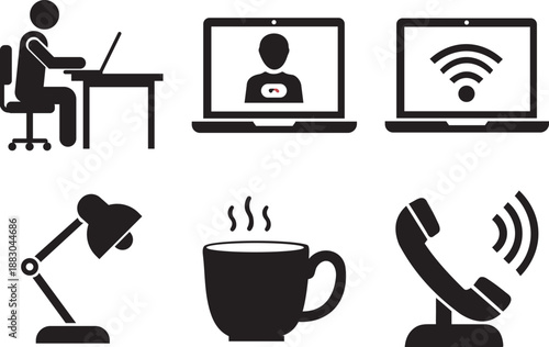 Home office and remote work icon set illustrating digital communication and productivity
