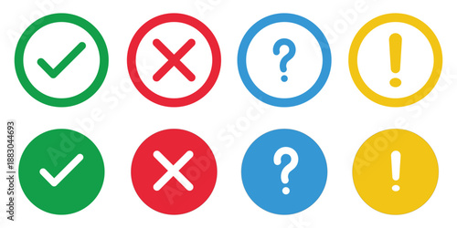 Green check and red cross symbols, blue question mark and yellow exclamation point, round thin line vector signs, solid circle icons set stock illustration
Check Mark, Icon Symbol, Crossing, Examining