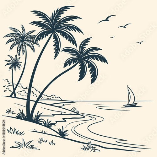 A serene beach scene with palm trees and a sailboat on calm waters
