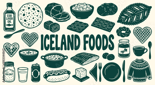 Hand drawn Iceland culinary doodles with flatbread, waffles and cod liver oil in a teal sketch style. A vector illustration set for a travel guide, restaurant menu and Nordic food branding.