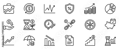 Finance and investment line icon set for business growth, banking, strategy, and economic trends