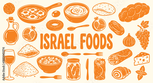 Vector collection of Israel cuisine with hand drawn shakshuka, hummus and falafel in an orange doodle style. An icon set for a restaurant menu, travel guide and Middle Eastern food branding.