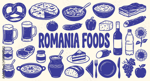 Romania food icons set of hand drawn pretzel, stew and beer in a blue doodle style. A vector collection for a restaurant menu, European travel guide and traditional culinary art branding.