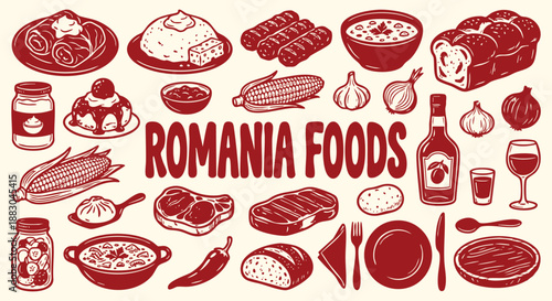 Vector collection of Romanian cuisine with hand drawn sarmale, mamaliga and mititei in a red doodle style. An icon set for a restaurant menu, travel guide and traditional food branding.
