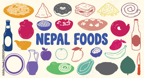 Nepal foods vector collection of hand drawn samosas, sel roti and noodles in a colorful doodle style. An icon illustration set for a restaurant menu, travel guide and Asian food branding.