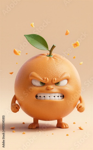 Angry cartoon orange with green eyes, teeth, and leafy stem. Cracked peel fragments scattered nearby. © YiuCheung