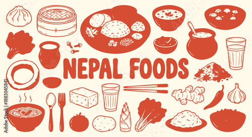 Hand drawn Nepal culinary doodles featuring dal bhat, momos and chai tea in a red sketch style. A vector illustration set for a restaurant menu, travel guide and South Asian food branding.