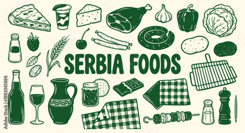 Serbia food icons set of hand drawn pljeskavica, burek and meat dishes in a green doodle style. A vector collection for a restaurant menu, Balkan travel guide and culinary branding.