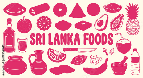 Vector collection of Sri Lankan cuisine with hand drawn samosas, roti and tropical fruits in a pink doodle style. An icon set for a restaurant menu, travel guide and food art branding.