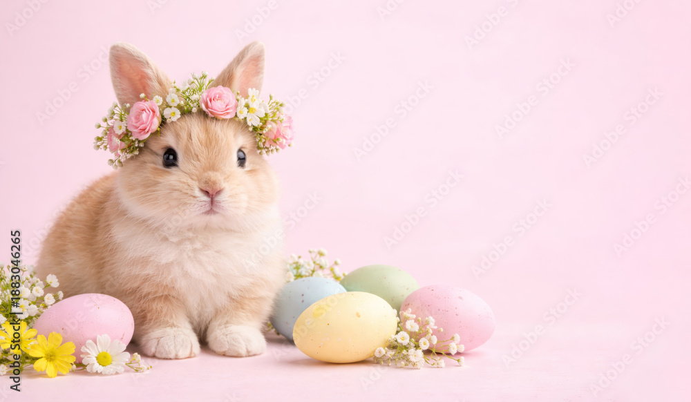 Fototapeta premium Easter bunny wearing a flower crown with eggs on a pink background. Spring holiday concept.