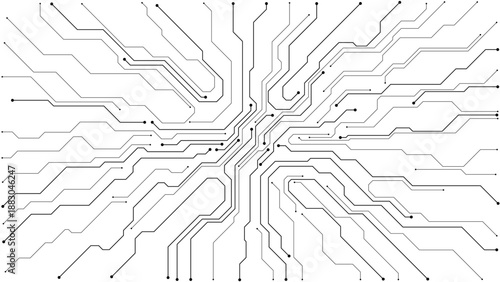 White electronic motherboard pattern with digital lines and connections. Abstract tech background featuring semiconductor design, futuristic elements, and modern circuitry layout. Digital illustration