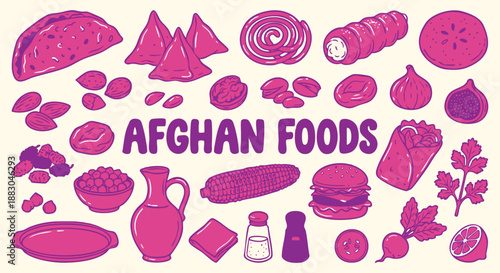Afghan foods vector collection of hand drawn samosas, bolani and snacks in a pink doodle style. An icon illustration set for a restaurant menu, travel guide and Central Asian branding.