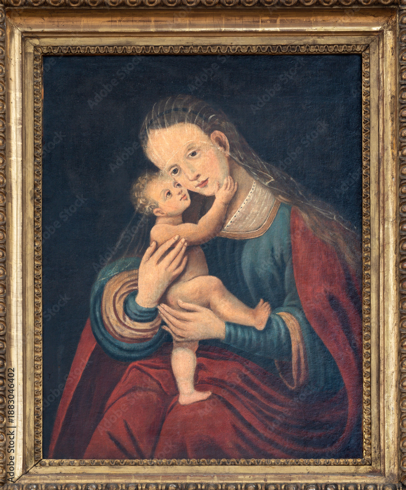 Fototapeta premium SALZBURG, AUSTIRA - SEPTEMBER 7, 2025: The painting of Madonna in the church Andrea kirche by unknown artist