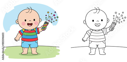 Cute cartoon baby boy holding a party popper with colorful stars. Happy toddler celebrating birthday or holiday outdoors. Vector illustration for kids and party themes.