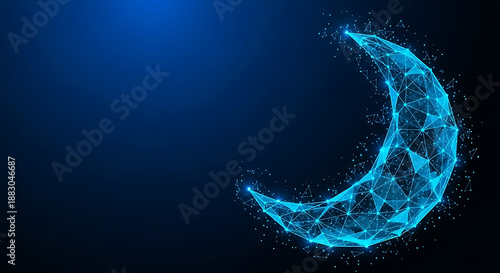 Ramadan kareem copyspace with a crescent moon and digital network connections in a dark blue background