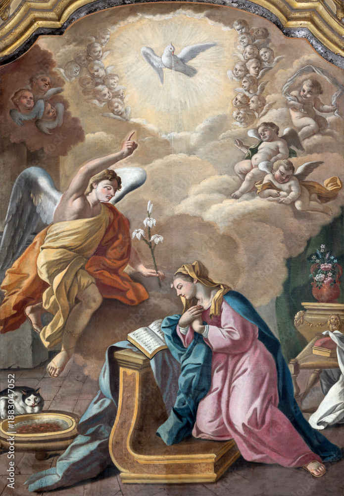Fototapeta premium POSITANO, ITALY - OCTOBER 7, 2025: The painting of Annunciation in the Cathedral Santa Maria Assunta by unknown artist from year 1725. 
