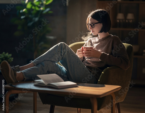 Young woman wearing glasses sitting in a cozy armchair reading a book with a steaming cup of coffee
