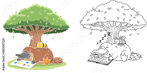 Cute cartoon platypus sleeping under a tree with a math book and a bee, funny tired animal student napping outdoors vector illustration