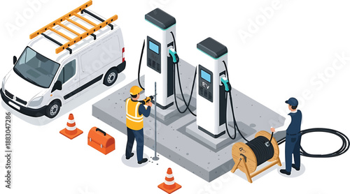 Electric vehicle charging station maintenance workers refueling white van infrastructure