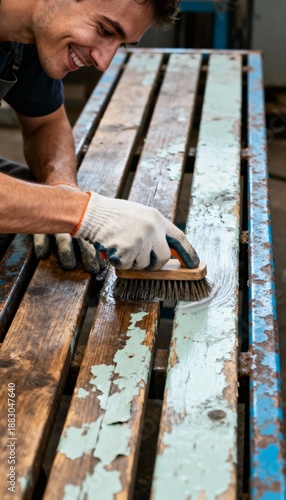 Smiling craftsman restores worn wooden surface with a wire brush