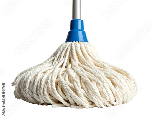 White cotton string mop head with blue plastic collar on silver pole