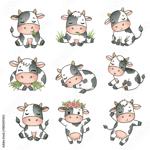 A funny cartoon cow character set for kids with colorful doodle style icons and playful stickers