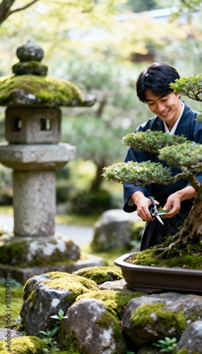 Man in traditional clothing meticulously tending to a bonsai tree in a serene garden