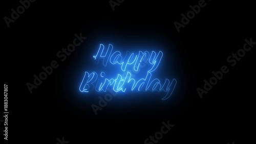 neon  glowing blue sign illuminates a vibrant ,black background happy birthday in an elegant cursive font, creating a celebratory and festive atmosphere with its warm glow